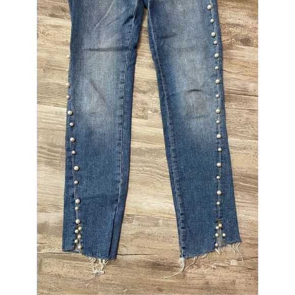 Zara Mid Rise Skinny Blue Jeans With Pearls Raw Hem Women’s Sz 4 - Picture 2 of 7